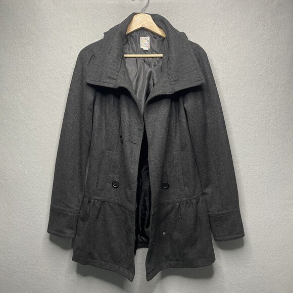 Roxy Women's Charcoal Gray Hooded Wool Blend Peacoat Jacket S Size - Picture 1 of 6